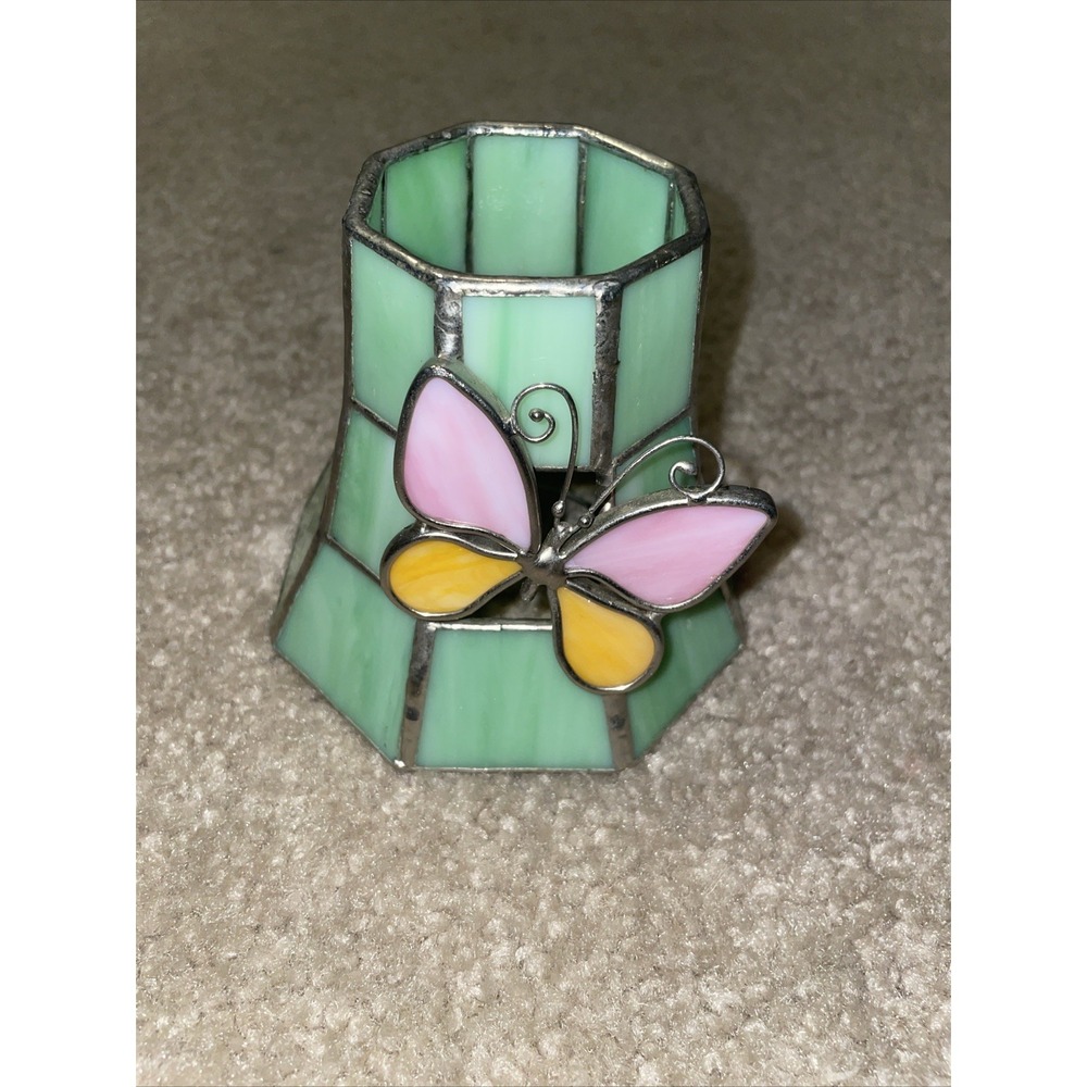 Vintage Stained Slag Glass Lamp Shade Green with Pink Butterfly 4.5 Inch Small